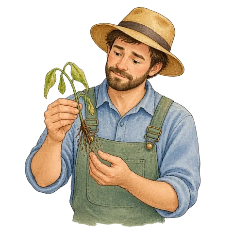 A farmer holding a drooping seedling with its small roots exposed