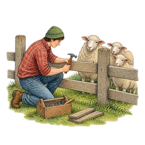 A person repairing a gap in a fence while sheep wait inside