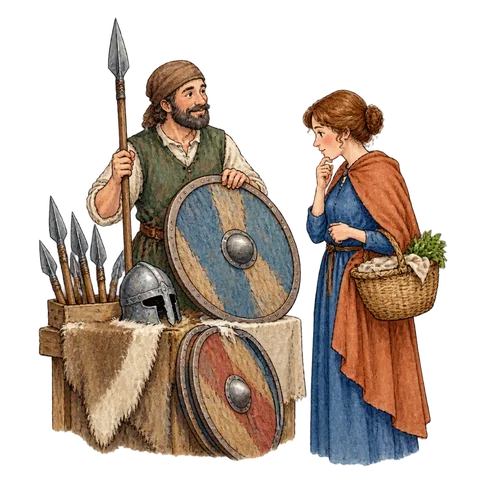 A market seller holding a spear and a shield while a shopper thinks