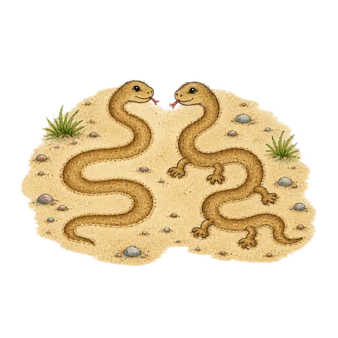 Two snake drawings in sand, one plain and one with comically added legs