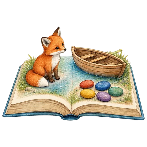 An open storybook with a small fox, a wooden boat and five colored stones emerging from its pages
