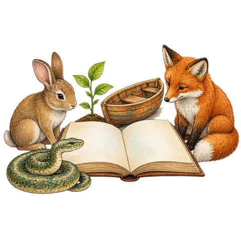 A rabbit, a seedling, a wooden boat, a fox and a snake drawing arranged around an open book