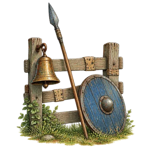 A bronze bell, a spear, a shield and a mended wooden fence