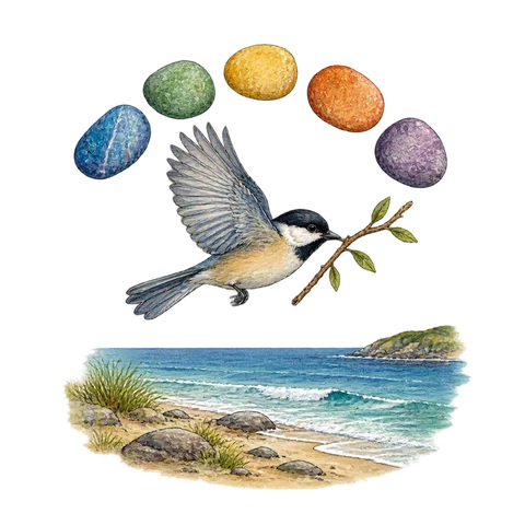A bird carrying a twig toward the sea beneath five colorful stones