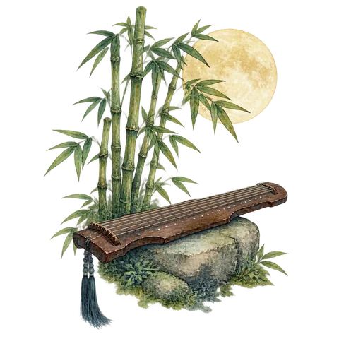 A qin zither beside tall bamboo under the moon