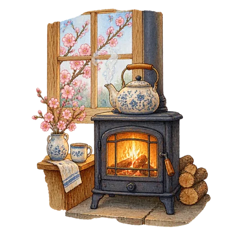 A teapot by a glowing stove with plum blossoms at a window