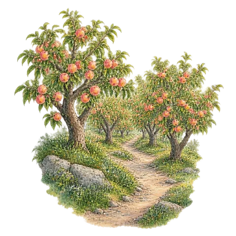 A mountain footpath entering a grove of peach trees