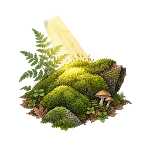 A beam of sunlight falling onto moss in a deep forest