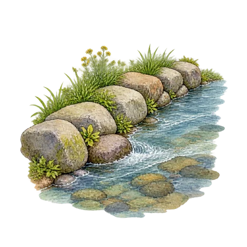 An orderly pattern of old stones beside a flowing river