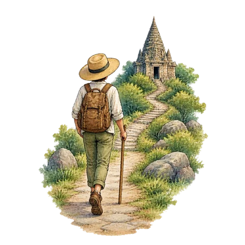 A traveler with a broad hat walking toward a distant temple