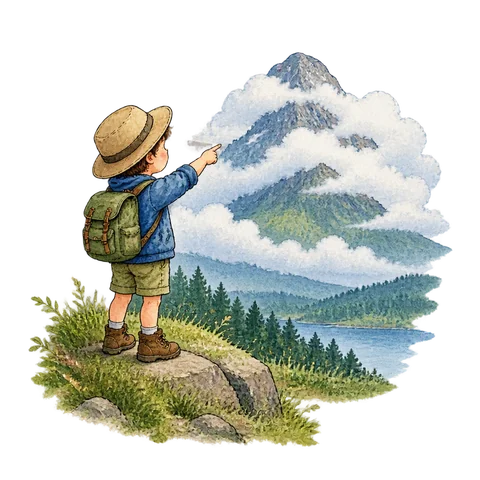 A child pointing toward a cloud-covered mountain