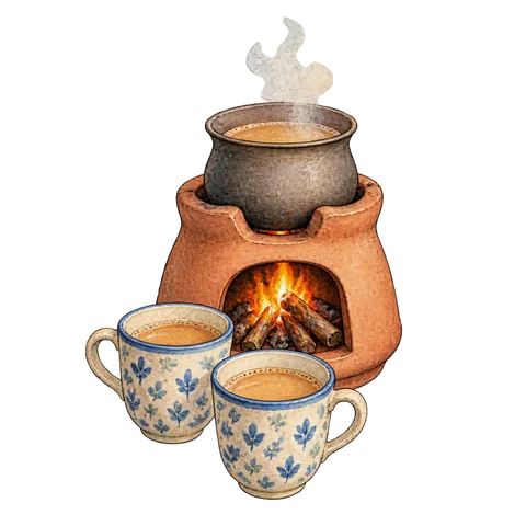 Two cups beside a small warm clay stove