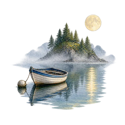 A moored boat beside a misty islet and reflected moon