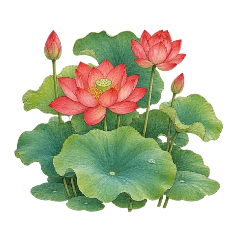 A wide patch of green lotus leaves and red blossoms