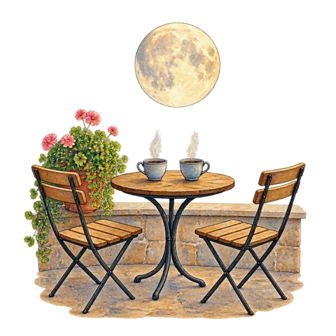 A full moon above two small cups on a terrace