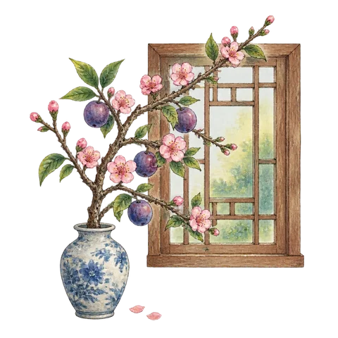 A plum branch beside a lattice window