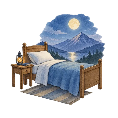 Moonlight across a simple bed and a distant mountain