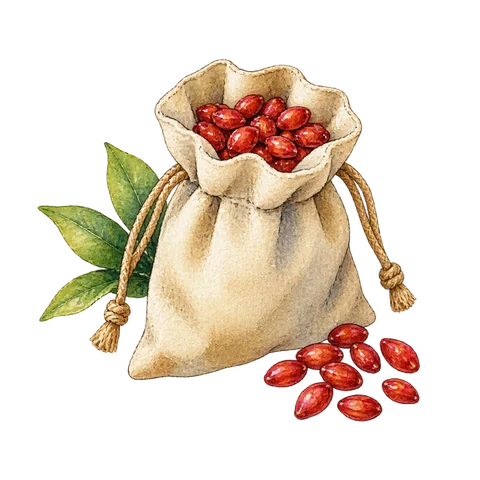 A small pouch of glossy red remembrance seeds