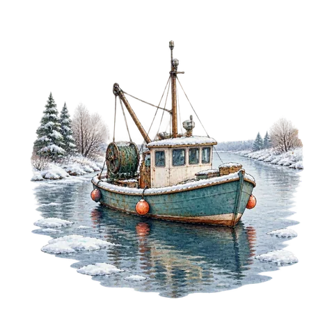 A lone fishing boat on a snowy river