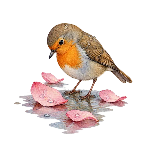 A bird beside fallen pink petals after rain
