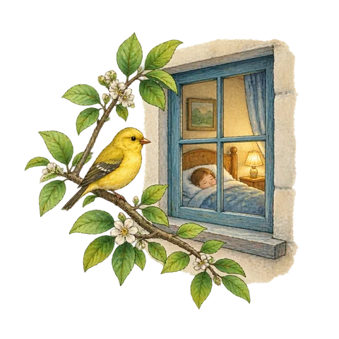 A yellow bird on a branch outside a sleeping room