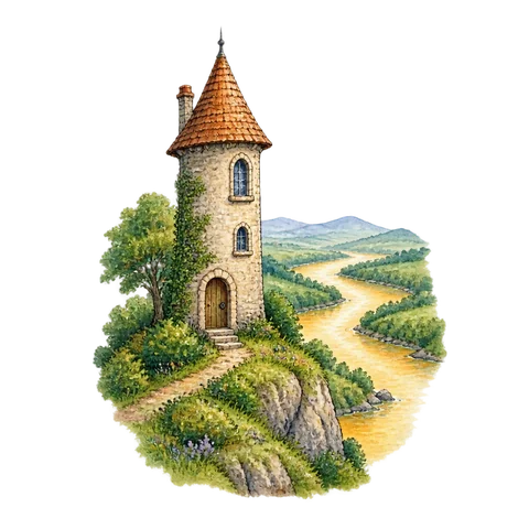 A small tower overlooking a winding yellow river