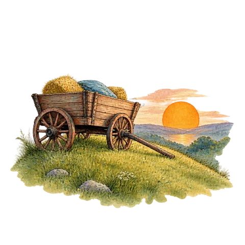 A cart on a grassy rise facing a low orange sun