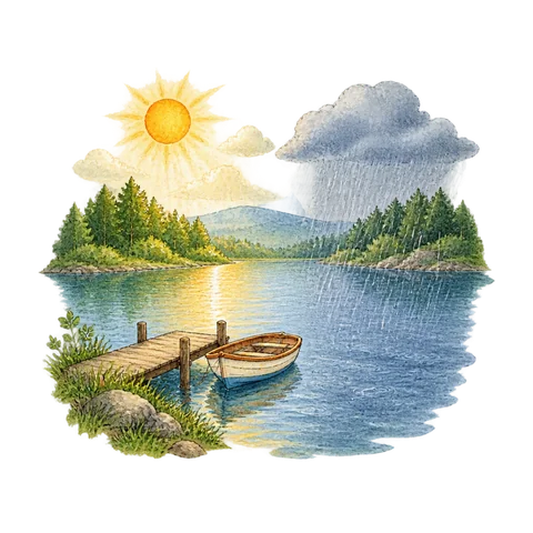 A lake divided gently between sunshine and fine rain