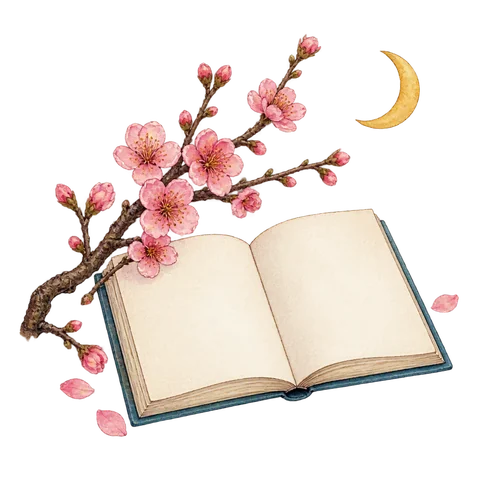 An open blank poetry book beside a plum blossom branch and a small crescent moon