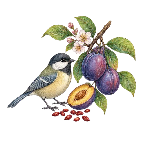 A small bird beside a plum branch and red seeds