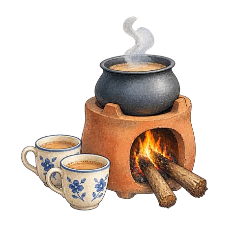 Two cups beside a clay stove