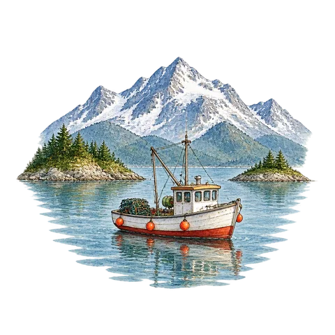 A tiny fishing boat below snowy mountains