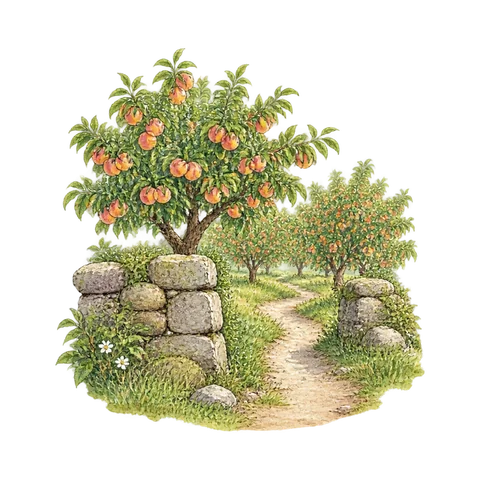 Old stones beside a path into peach trees
