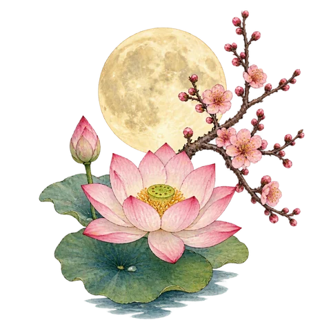 A lotus flower, a full moon and a flowering plum branch