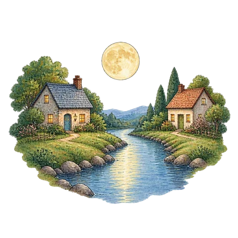 Two distant houses beneath one full moon, with a small river between them