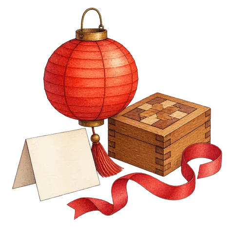 A red paper lantern beside a closed wooden puzzle box and a curled ribbon, with a blank folded card