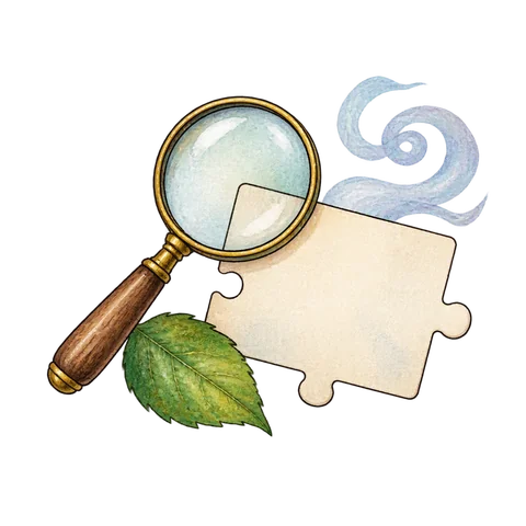 A magnifying glass beside a blank puzzle card, with a leaf and a small swirl of mist