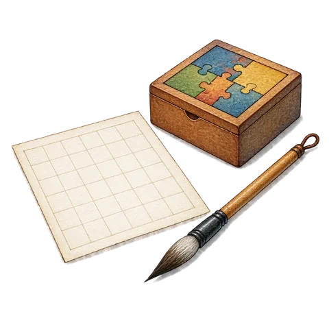 A blank square writing grid beside a calligraphy brush and a closed puzzle box