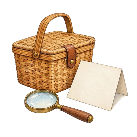 A closed picnic basket beside a folded blank puzzle card, with a small magnifying glass