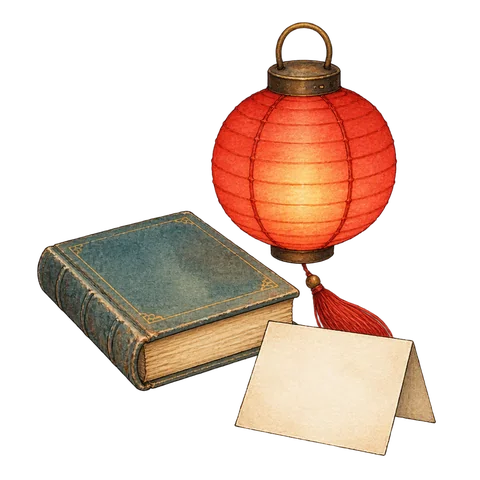 A red paper lantern beside a closed old book and a blank folded riddle card