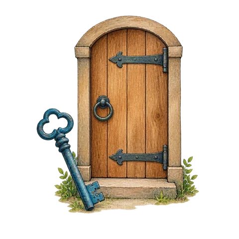 An old blue key beside a closed wooden door