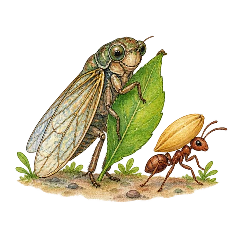 A cicada with a leaf beside an ant carrying grain