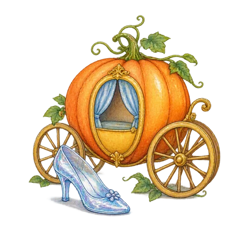 A glass slipper beside a pumpkin coach