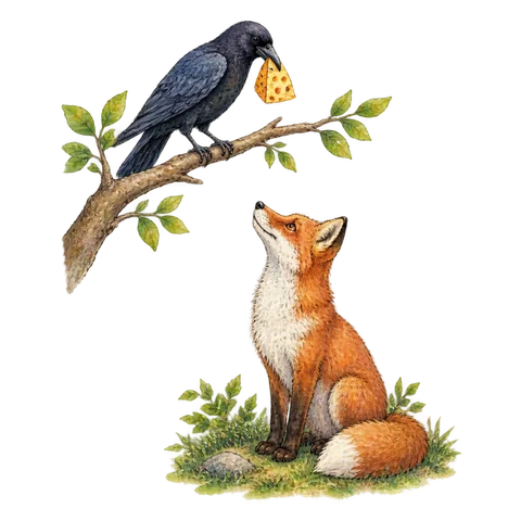 A crow with cheese on a branch above a fox