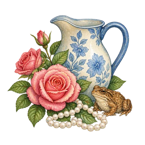 A water jug beside roses, pearls and a small toad