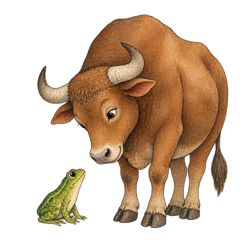 A small frog looking up at a large ox