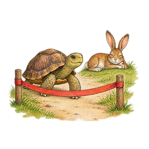A steady tortoise near a finish line while a hare rests