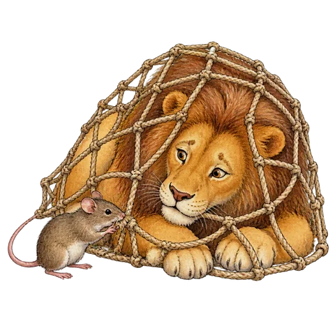 A small rat gnawing the rope of a lion’s net