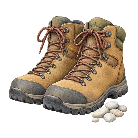 Tiny white pebbles beside enormous boots
