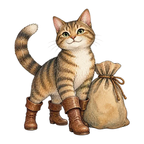 A confident cat wearing boots beside a cloth sack